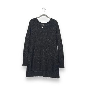 Free People Black Gray Marled High Low Scoop Neck Long Sleeve Oversized Sweater